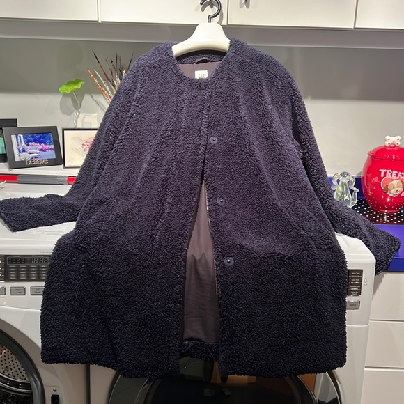 Gap Women’s Navy Sherpa Coat with Zipper and Snaps Sz XL - Picture 2 of 11